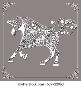Graphic abstract unicorn (monoceros) in line art style. Mythical creature. Suitable for invitation, flyer, sticker, poster, banner, card, label, cover, web. Vector illustration.