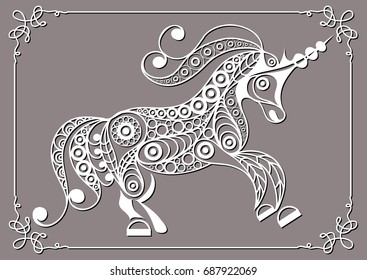 Graphic abstract unicorn (monoceros) in line art style. Mythical creature. Suitable for invitation, flyer, sticker, poster, banner, card, label, cover, web. Vector illustration.