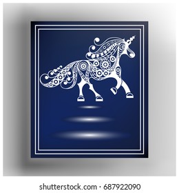 Graphic abstract unicorn (monoceros) in line art style. Mythical creature. Suitable for invitation, flyer, sticker, poster, banner, card, label, cover, web. Vector illustration.
