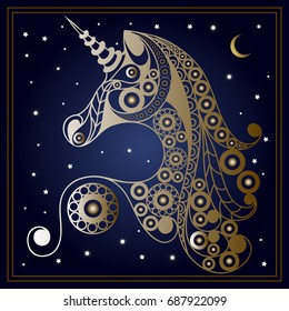 Graphic abstract unicorn (monoceros) in line art style. Mythical creature. Suitable for invitation, flyer, sticker, poster, banner, card, label, cover, web. Vector illustration.
