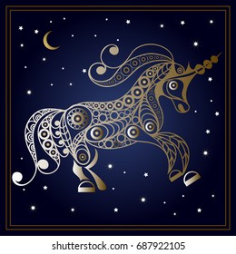 Graphic abstract unicorn (monoceros) in line art style. Mythical creature. Suitable for invitation, flyer, sticker, poster, banner, card, label, cover, web. Vector illustration.