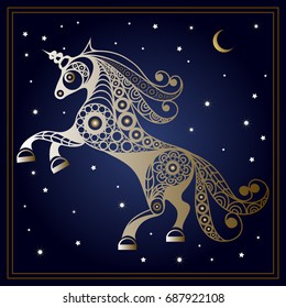 Graphic abstract unicorn (monoceros) in line art style. Mythical creature. Suitable for invitation, flyer, sticker, poster, banner, card, label, cover, web. Vector illustration.