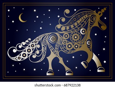 Graphic abstract unicorn (monoceros) in line art style. Mythical creature. Suitable for invitation, flyer, sticker, poster, banner, card, label, cover, web. Vector illustration.