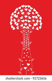 Graphic abstract vector illustration. The crown of the tree and the trunk of hearts.  Symbol of love and life. Postcard print, template Romantic design for congratulations, prints, business cards 