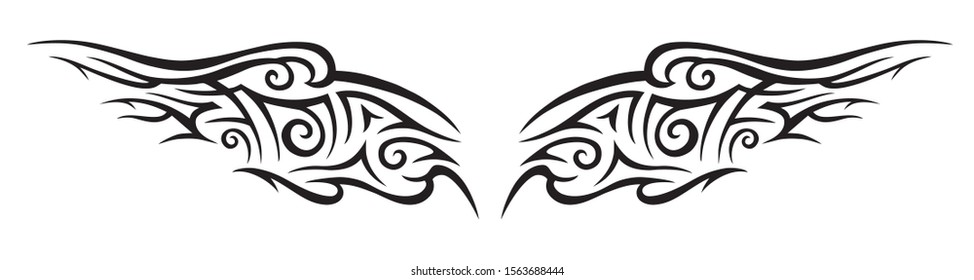 Graphic abstraction in the form of wings, tattoo, vector black and white illustration.