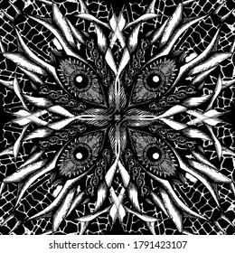 Graphic abstraction in the horror style, similar on terrible demon, pattern, ornament, decor, , with large eyes on the web, symmetrical square, background, cover, in black and white colors.
