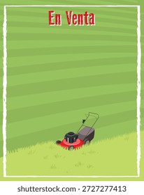 Uma propaganda gráfica com um cortador de grama vermelho com salto atrás exibido em um gramado listrado verde. O texto espanhol "En Venta" destaca o produto como disponível para venda. Adequado para promoções de equipamentos de gramado, serviços de paisagismo, anúncios de varejo e materiais de marketing relacionados à jardinagem.