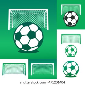 Graphic advertising design elements composed of soccer ball with goal net against both a white and green background