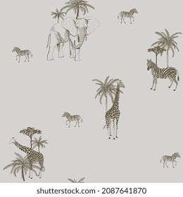 Graphic African animals on a neutral beige cream background. Seamless vector pattern. Surface design for fabric, wallpaper, wrapping paper, invitation cards, scrapbooking. Zebra, giraffe and elephant.