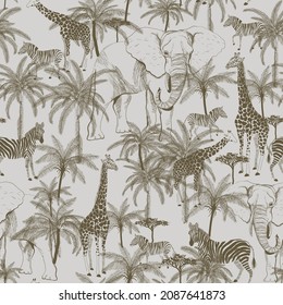 Graphic African animals on a neutral beige cream background. Seamless vector pattern. Surface design for fabric, wallpaper, wrapping paper, invitation cards, scrapbooking. Zebra, giraffe and elephant.