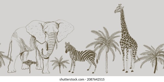 Graphic African animals on a neutral beige cream background. Seamless vector pattern. Surface design for fabric, wallpaper, wrapping paper, invitation cards, scrapbooking. Zebra, giraffe and elephant.