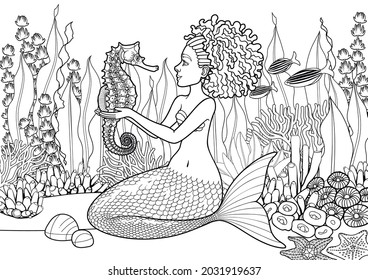 Graphic african mermaid sits on the sandy ocean bottom among the coral reef creatures and plants and plays with the seahorses. Vector design