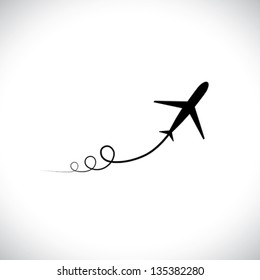 Graphic of airplane icon take off showing its path & speeding up. This illustration can also represent silhouette symbol of a military jet zoom in the sky with high speed