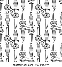 Graphic all-seeing eye pierced by the metal knife. Vector seamless pattern. Coloring book page for adults and kids