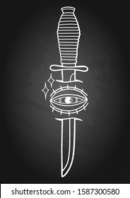 Graphic all-seeing eye pierced by the metal knife. Vector art for old school tattoo design isolated on chalkboard background