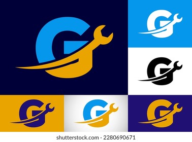 Graphic alphabet G with wrench. Logo for mechanical, technology, repair service , automotive business