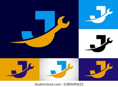 Graphic alphabet J with wrench. Logo for mechanical, technology, repair service , automotive business