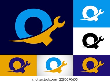 Graphic alphabet Q with wrench. Logo for mechanical, technology, repair service , automotive business