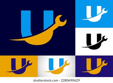 Graphic alphabet U with wrench. Logo for mechanical, technology, repair service , automotive business