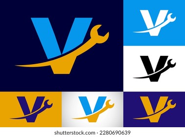 Graphic alphabet V with wrench. Logo for mechanical, technology, repair service , automotive business