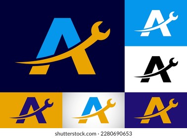 Graphic alphabet A with wrench. Logo for mechanical, technology, repair service , automotive business