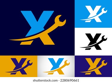 Graphic alphabet X with wrench. Logo for mechanical, technology, repair service , automotive business