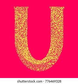 graphic alphabet in yellow crimson colors on a crimson background, letter U