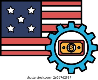 A graphic of the American flag with a dollar bill in the middle. The dollar bill is surrounded by a gear, which is blue and white. Concept of the American economy and the importance of money in it