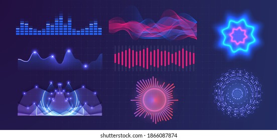 Gráfica de amplitud o efecto de rango de audio. Gráfico de ondas de sonido aisladas en fondo azul. Ecualizador de ondas de sonido. Forma de onda de audio de frecuencia, onda de música, señal de grafo de voz en estilo futurista. Vector