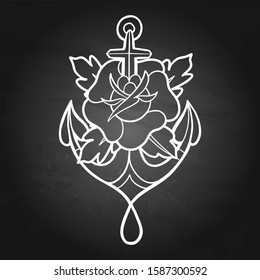 Graphic anchor with floral decorations in old school tattoo style. Traditional design isolated on the chalkboard background