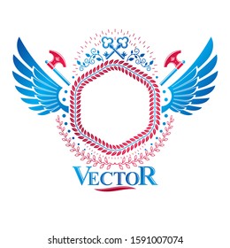 Graphic Ancient Key emblem created in security theme. Heraldic vector design element. Retro style label, heraldry logo decorated with eagle wings and axes.