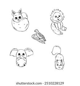  Graphic animals. Hand draws graphic illustrations on a white background. Graphic animals for design