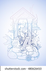 Graphic aquarium fish with architectural sculpture drawn in line art style. Isolated under water scenery in blue colors. Ancient Roman architecture.