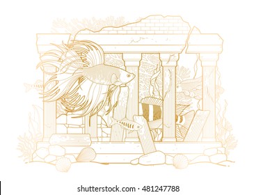 Graphic aquarium fish with architectural sculpture drawn in line art style. Isolated under water scenery on the white background in golden colors. Ancient Roman architecture.