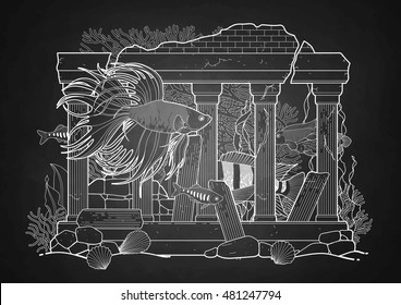 Graphic aquarium fish with architectural sculpture drawn in line art style. Under water scenery isolated on the chalkboard. Ancient Roman architecture.