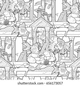 Graphic aquarium fish with architectural sculpture drawn in line art style. Vector seamless pattern. Coloring book page design for adults and kids.