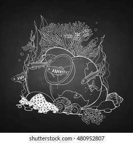 Graphic aquarium fish with broken jar drawn in line art style.Underwater scenery isolated on the chalkboard