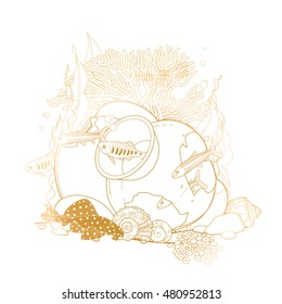Graphic aquarium fish with broken jar drawn in line art style. Isolated under water scenery in golden colors.