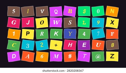 Graphic arrangement of individual labels featuring mixed letters numbers and symbols creating vibrant ransom note aesthetic.