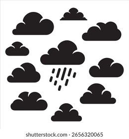 Eine grafische Anordnung stilisierter schwarzer Wolken, wobei eine Wolke Regenstreifen freigibt.