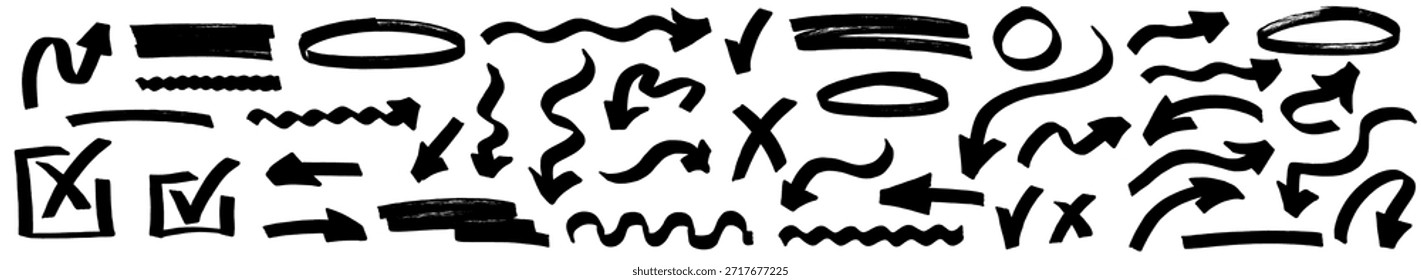 Elementos gráficos de seta desenhados à mão com linhas de marcadores e traçados expressivos de pincel. Cada seta inclui pops de realce e detalhes de realce refinados.