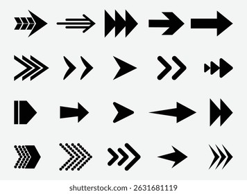 Formas de Seta Gráfica em Preto - Estilos de Seta de Traçado, Preenchido e Padrão para Componentes de Navegação, Direção e IU