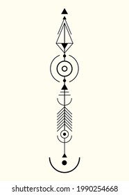 graphic arrow for tattoo design. Vector minimalist Totem, sacred geometry, hipster design elements. vector art, clipart. Abstract Mystic Geometric symbols isolated on old white background 