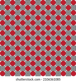 Graphic art background. Colorful square and circle pattern on white backdrop. Maze square art of black and red pattern design. Modern wallpaper arts. 