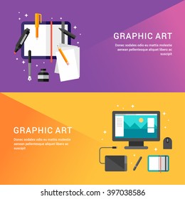 Graphic Art Concept. Set of Flat Style Vector Illustrations for Web Banners or Promotional Materials. Sketchbook with Pencils. Workplace Graphic Designer