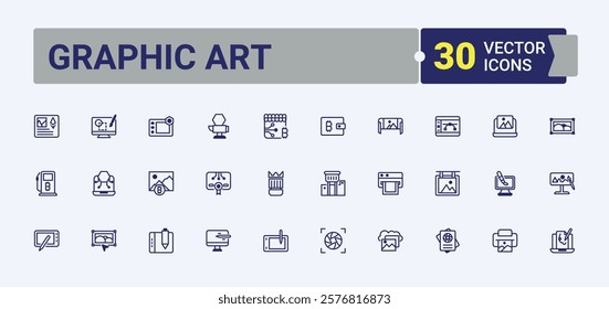 Graphic Art icons set in linear style. Includes icons for artwork, development, Digital, Art, artist, paint, art and more. Outline icon. Vector line and solid icons.