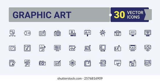 Graphic Art icons set in linear style. Includes icons for artwork, development, Digital, Art, artist, paint, art and more. Outline icon. Vector line and solid icons.