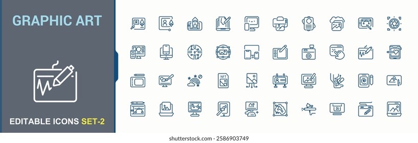 Graphic Art icons set in linear style. Icons tablet, paint, tool, arrow, photo, draw, ui, artist. Collection for mobile and web apps. Modern vector illustration.