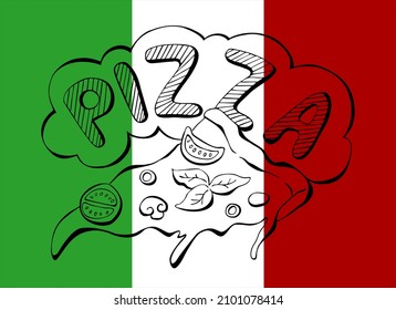 Graphic art pizza. Vector label.Outline silhouette isolated on italian flag.Eps horizontal template vintage print for box, packaging, logo, poster, banner, interior, menu.