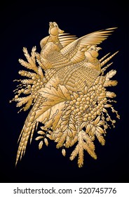 Graphic art with two pheasants, pine and currant branches drawn in line art style. Vector design in golden colors